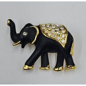 Gold & Black Enamel Elephant Brooch With Rhinestones Lucky Elephant 1980s Unsign